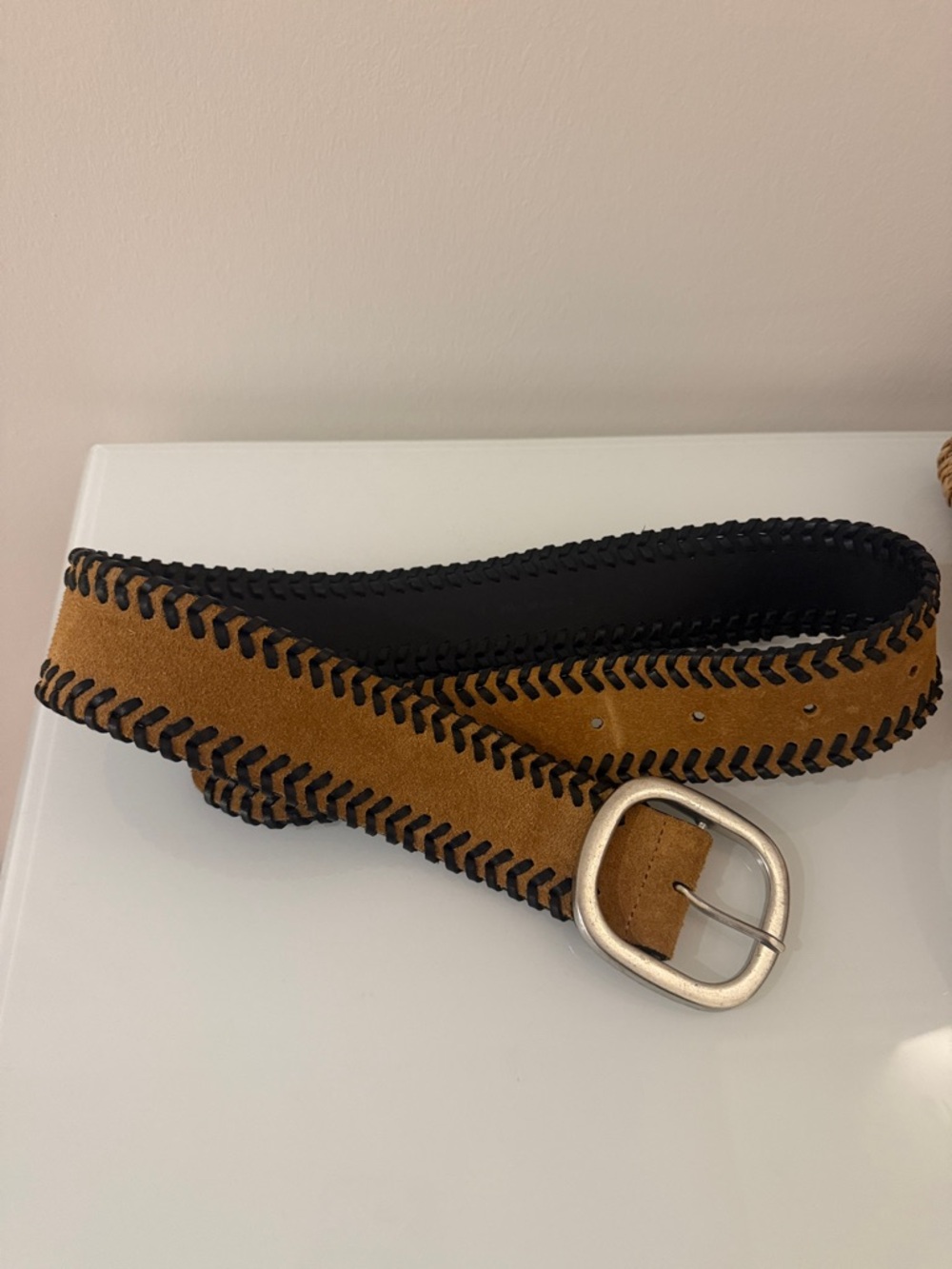 The Kooples Two-Tone Black and Tan Suede Stitched Belt